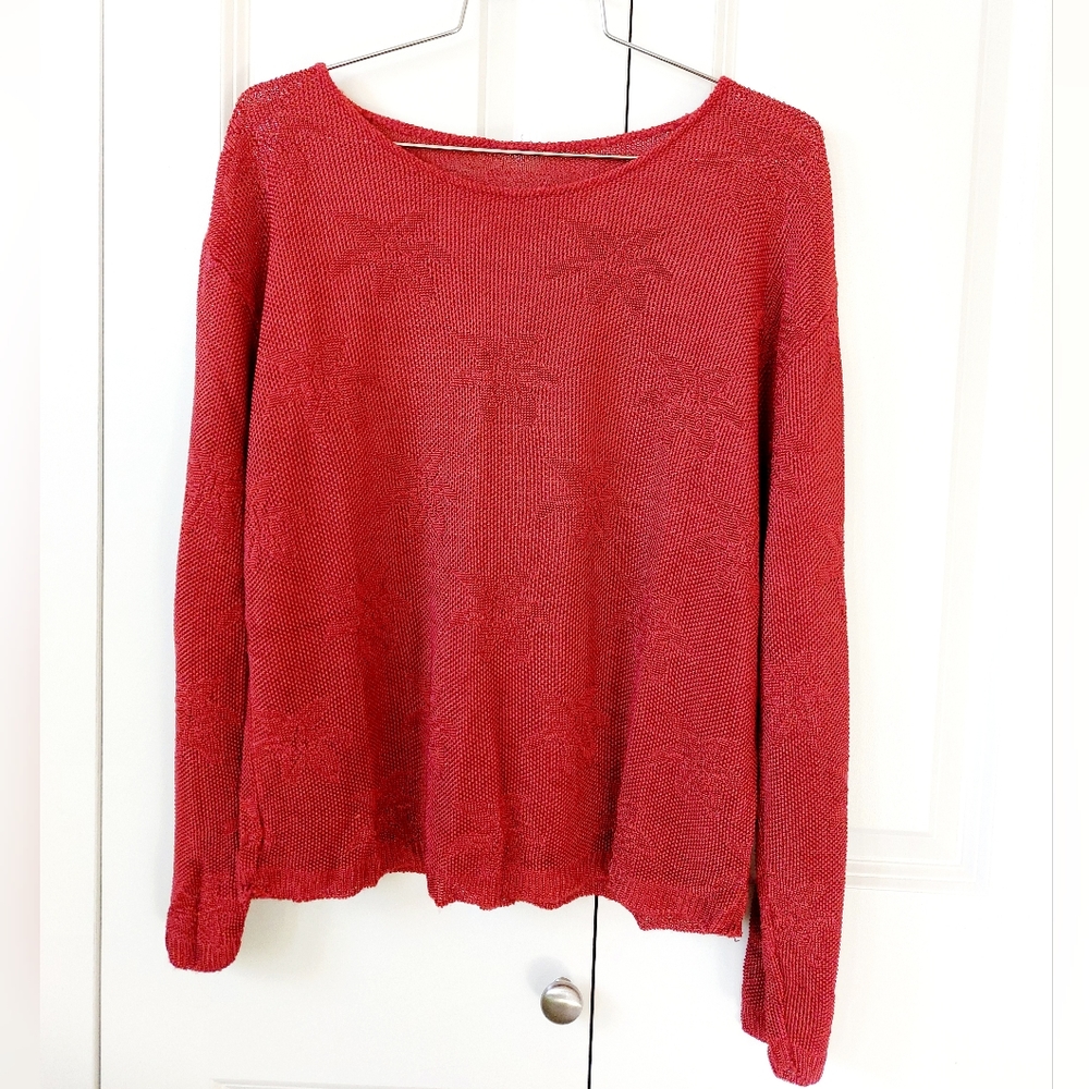 Poinsettia‎ Sheer Sweater Red size Large dolman crop Christmas holiday